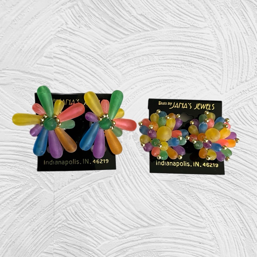 Vintage Lot of 2 Neon Starburst Jelly Frosted Beaded Earrings Clip Pierced